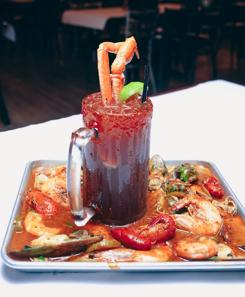 The Mr Crab Michelada served with a seafood platter