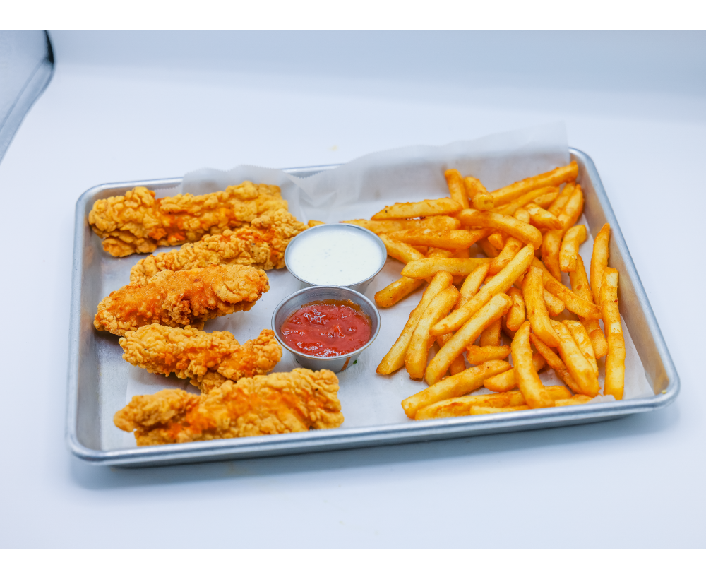 Chicken tenders and fries served with ketchup and ranch