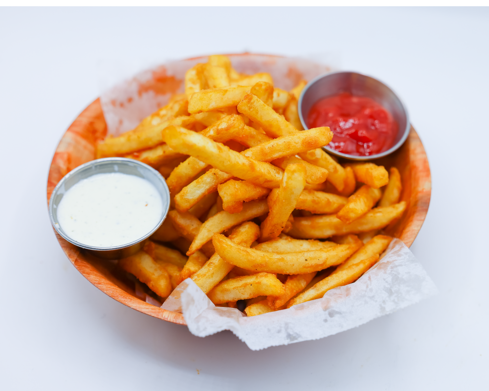 French fries served with ranch and ketchup